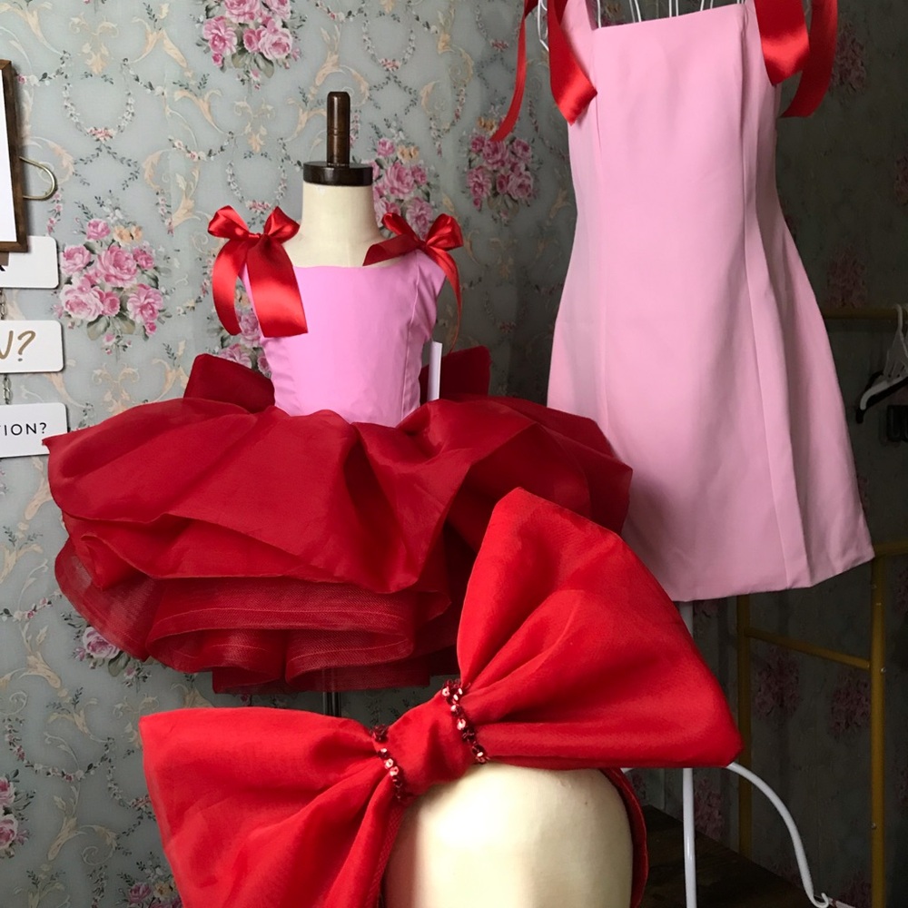 Pink and Red Girls' (Mother and daughter) Party Tutu Dress with Satin Bows